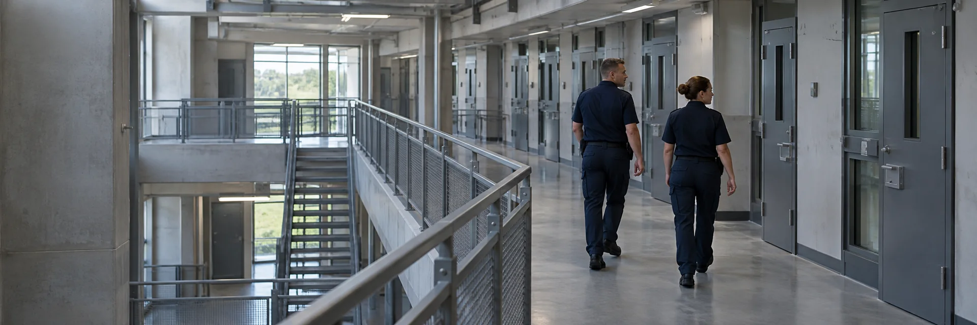 Ilustracyjna scena z jednostki penitencjarnej: funkcjonariusze podczas spokojnego obchodu korytarza.